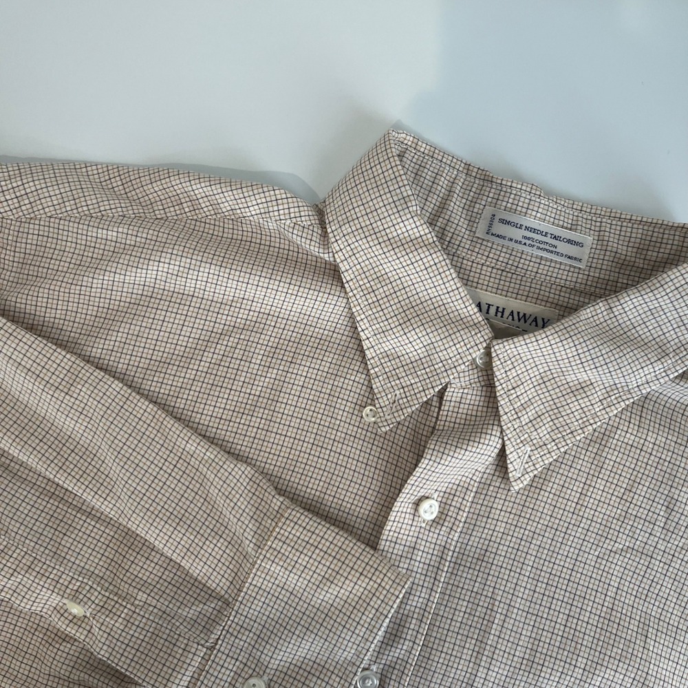 Hathaway Classic Mens 17.5 35 Cotton Grid Check Button Down Shirt Tan Brown